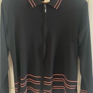 Misook Black Peach Pink Knit Jacket Top M Zip Front Stripe